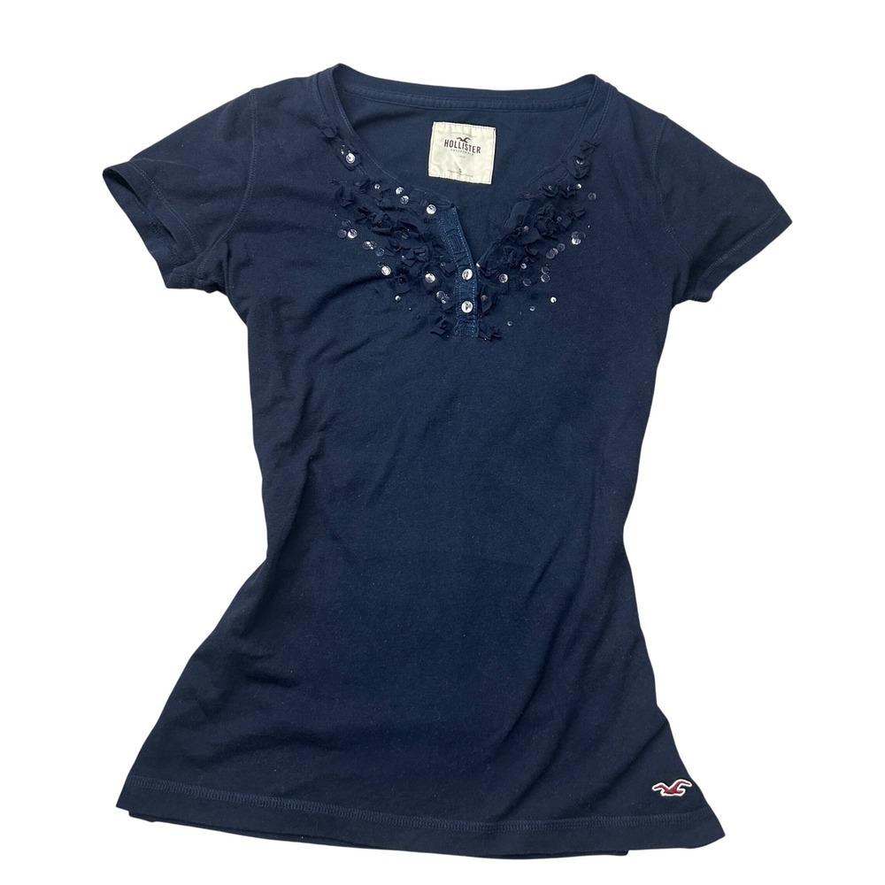Hollister Womens Navy‎ Blue Sequin Embellished Short Sleeve Top